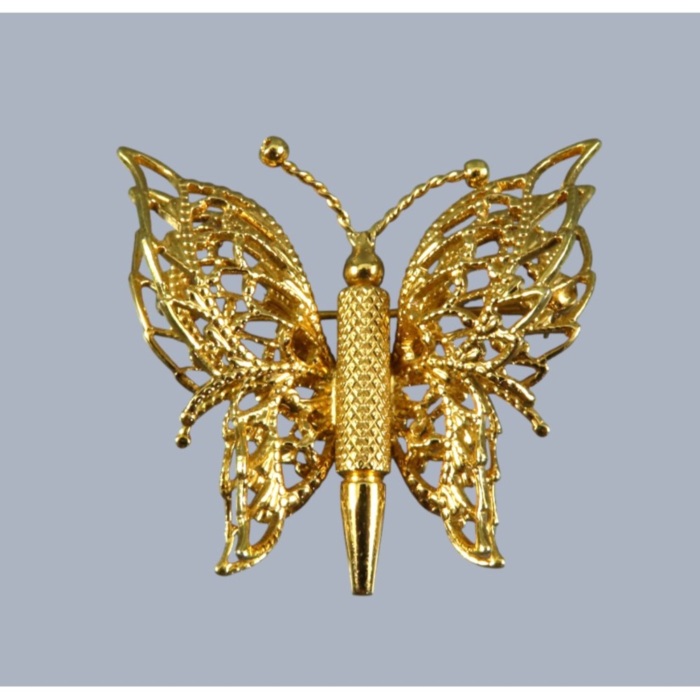 Vintage MONET BROOCH PIN Gold Tone BUTTERFLY Double Wings 3D FIGURAL LACE WORK